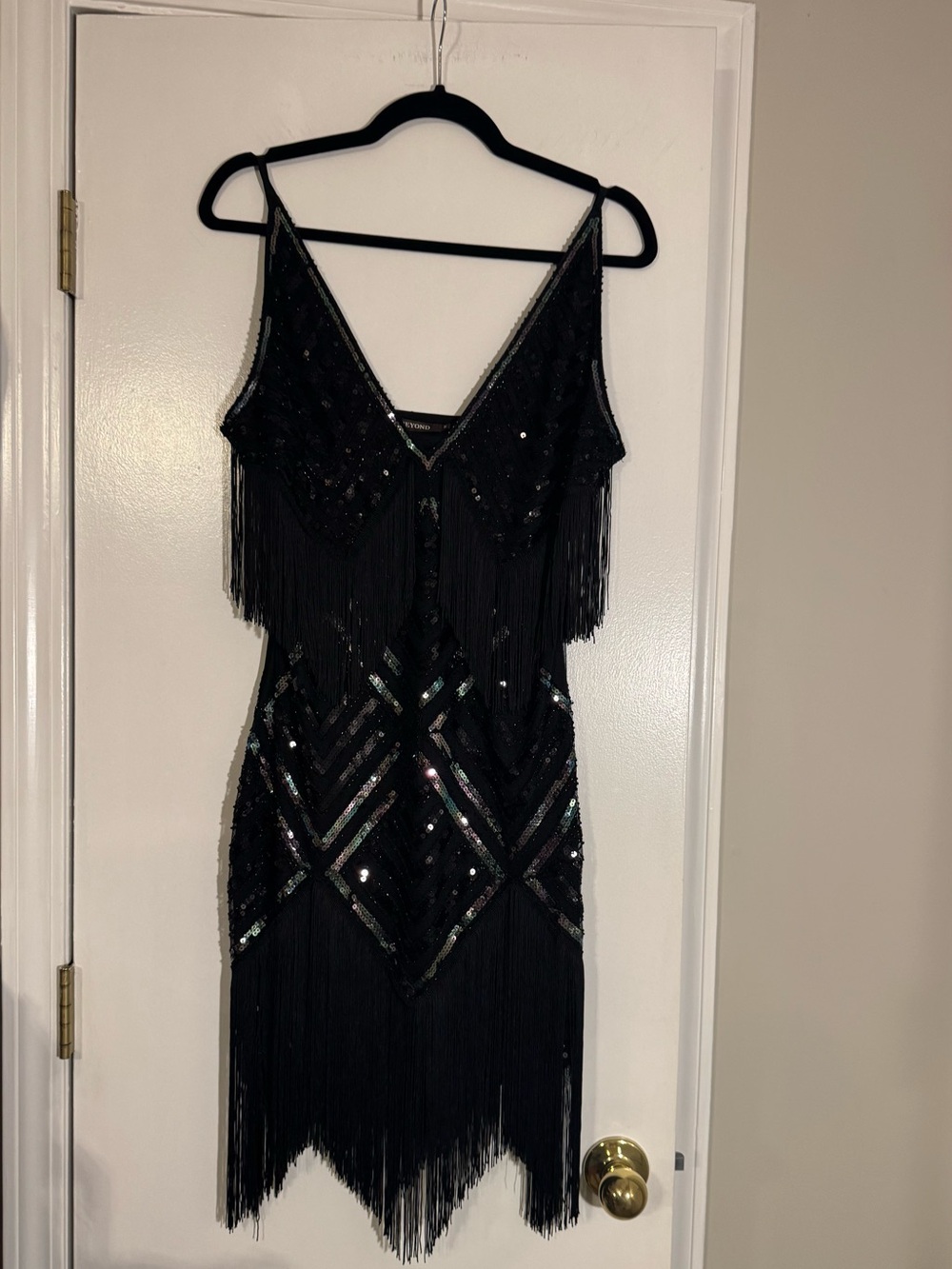 1920s Flapper Black Beaded Fringe V-Neck Mini Dress Great Gadsby party dress